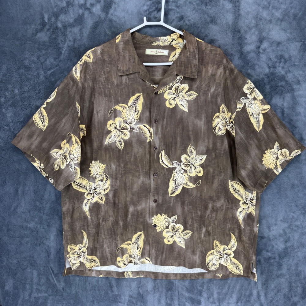 Tommy Bahama Mens XXL Brown Yellow Silk Tropical Floral Short Sleeve Camp Shirt